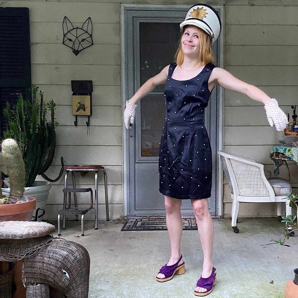 Vintage 1980s 1990s Jonathan Martin Arrested Label Black Satin with Pearls Dress